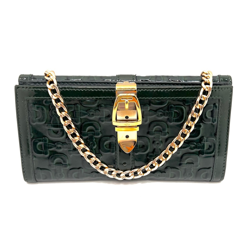 GUCCI Belt Motif Horse Bit Patent Leather Long Bifold Wallet Authentic